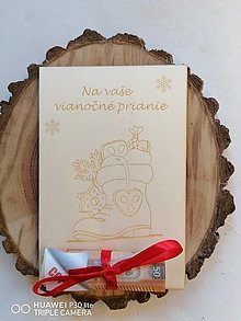 Papiernictvo - Vianočna drevena pohľadnica _čižmička_rôzne farby stuhy - 16219921_