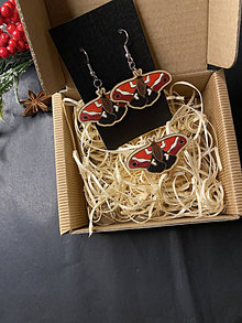 Sady šperkov - sada drevených ručne maľovaných náušníc a brošne červený nočný motýľ - 16226715_