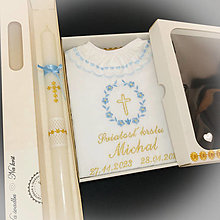 Detské oblečenie - Košieľka na krst k01 modrá zlatá v darčekovom balení a sviečka na krst zlatý krížik modrá stuha - 16228438_