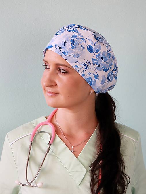 Dizajnová operačná / chirurgická čiapka modrý akvarel prémiová bavlna