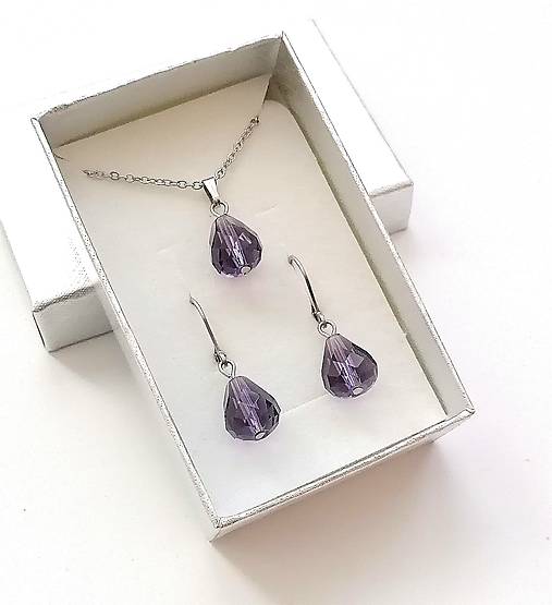 Sady šperkov - Sada brúsené kvapky 12x10 mm + oceľ (fialová) - 16236986_