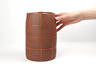 Dekorácie - Veľká keramická váza Červená, Oranžový grid - 16236343_