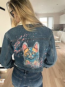 Bundy a kabáty - Ručne maľovaná džínsová bunda Kitty - 16238599_