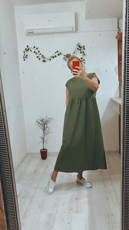 Šaty - MAXI Ľanové Šaty s Vreckami /FOREST/ - 16246667_