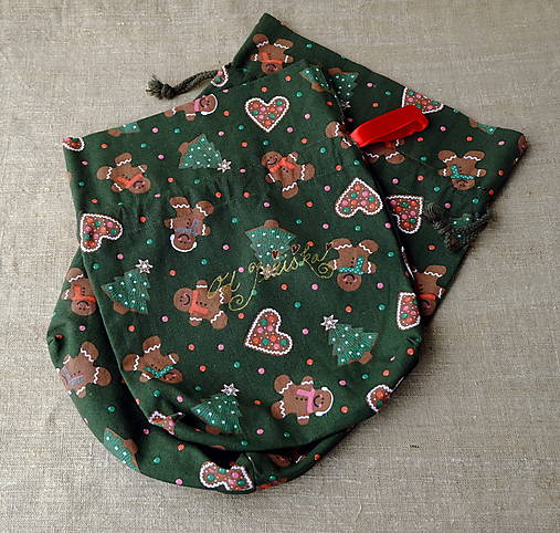Úžitkový textil - Vianočné vrecká perníčkové zelené - varianty (35 x 28 cm,  zlatý nápis Od Ježiška) - 16244721_