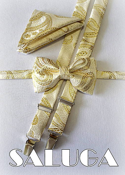 Pánsky zlatý vzorovaný set - motýlik a traky + vreckovka - svadobný