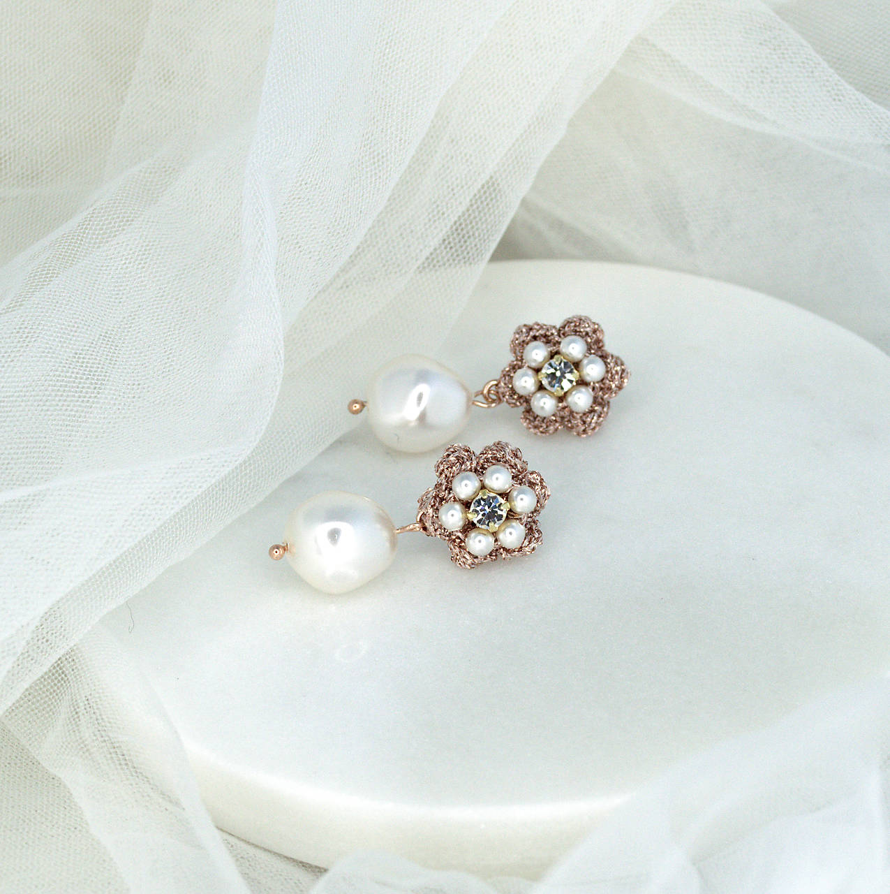Vintage RoseGold čipkované náušnice s perlami (Ag925)