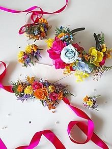 Čiapky, čelenky, klobúky - Frida kvetinový set "tanec na konci dúhy" - 16262718_