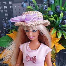 Hračky - Bežový klobúk s lilavou mašľou pre Barbie - 16264180_