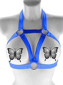 Spodná bielizeň - Elastický modrý harness top postroj otevřená podprsenka s kovovými krúžkami - 16270514_