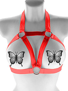 Spodná bielizeň - Elastický červený harness top postroj otevřená podprsenka s kovovými krúžkami - 16273790_