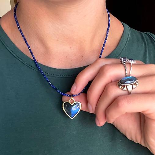 Luxury Lapis Lazuli and Labradorite Heart Necklace Stainless Steel / Náhrdelník lazurit, prívesok srdce E005