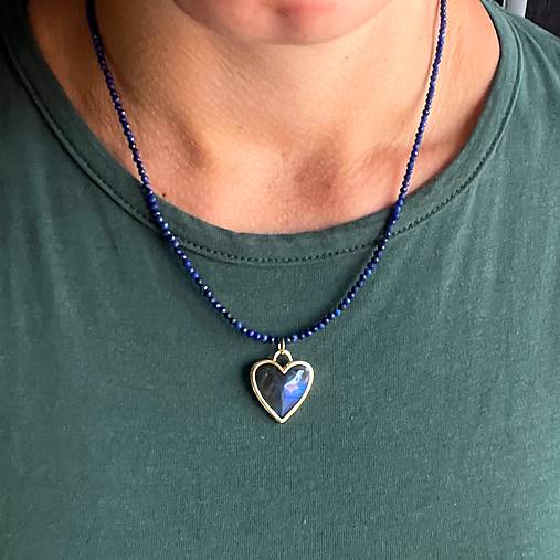 Luxury Lapis Lazuli and Labradorite Heart Necklace Stainless Steel / Náhrdelník lazurit, prívesok srdce E005