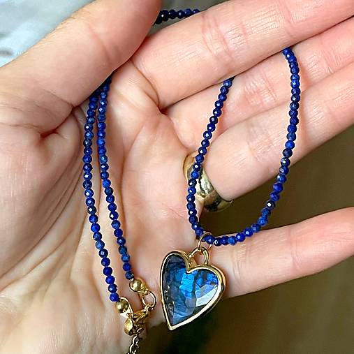 Luxury Lapis Lazuli and Labradorite Heart Necklace Stainless Steel / Náhrdelník lazurit, prívesok srdce E005