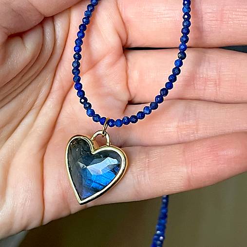 Luxury Lapis Lazuli and Labradorite Heart Necklace Stainless Steel / Náhrdelník lazurit, prívesok srdce E005