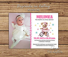 Papiernictvo - Krstinová pozvánka s fotkou a medvedíkom (medvedík na bicykli) - 16274393_