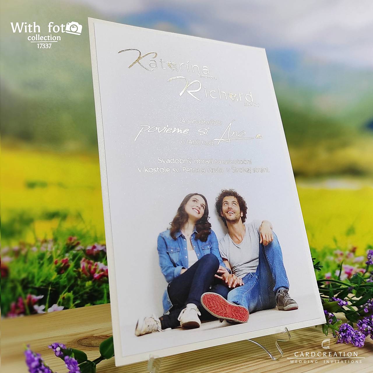 Svadobné oznámenie so zlatou tlačou a fotkou 17337