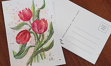 Papiernictvo - Maľovaná pohľadnica - Červené tulipány - 16280798_