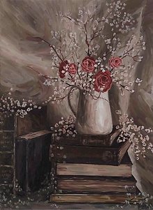 Obrazy - Obraz - Zátišie s knihami a kvetmi - 16281313_