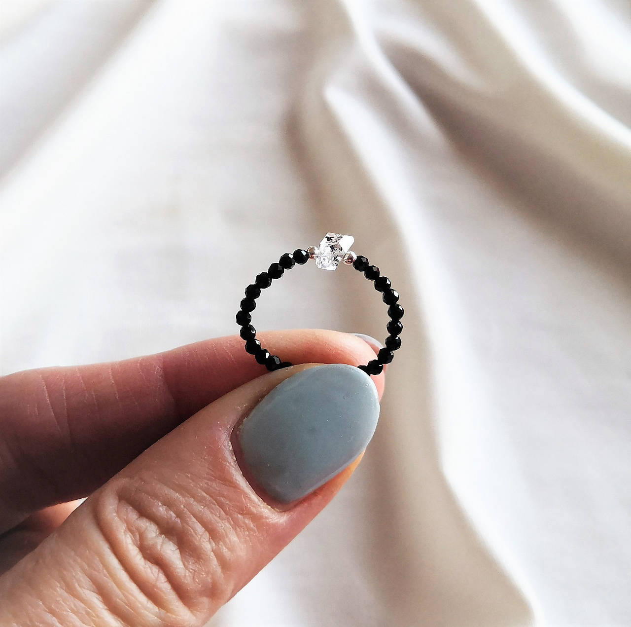 Prsteň*čierny turmalín*diamant Herkimer*Ag