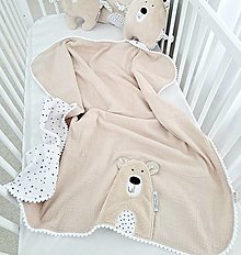 Detské doplnky - Jemnučká mušelinová deka béžová/bodkofliačiky 90x90cm s mackom Premium - 16284266_