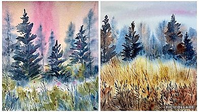 Obrazy - Duo originál akvarelov Ráno v lese - 16288621_