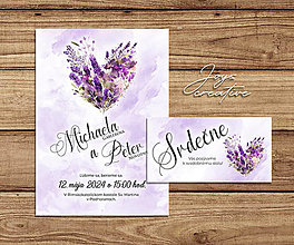 Papiernictvo - Svadobné oznámenie s fialovými kvetmi v tvare srdca, pozvánky zdarma - 16289703_