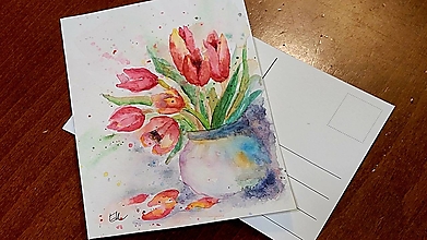Papiernictvo - Maľovaná pohľadnica - Tulipány vo váze - 16297233_
