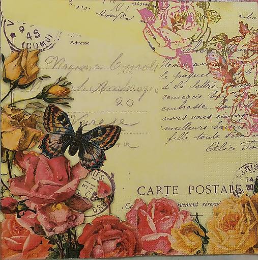 Servítka - ruže, žltá, pošta, vintage,