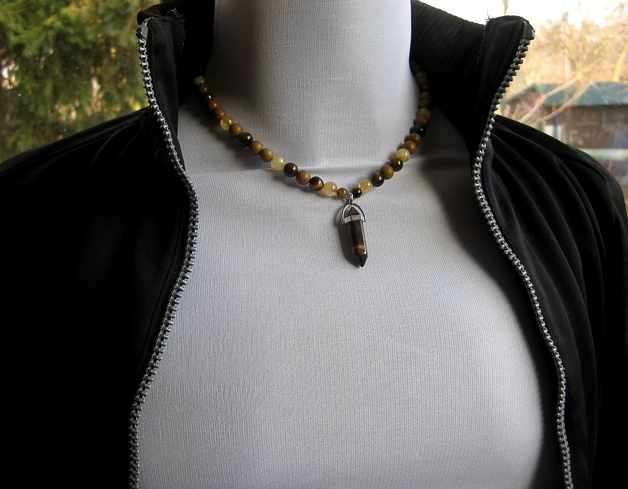 Pánsky náhrdelník z minerálov - chirurgická oceľ (s tigrím okom, citrínom, drevitým jaspisom, č. 3844)