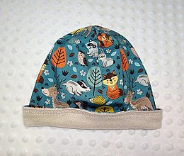 Detské čiapky - Homeleska - detská zateplená čiapka (veľkosť 3) (Lesné zvieratká tyrkysová, vnútro sivé) - 16300834_