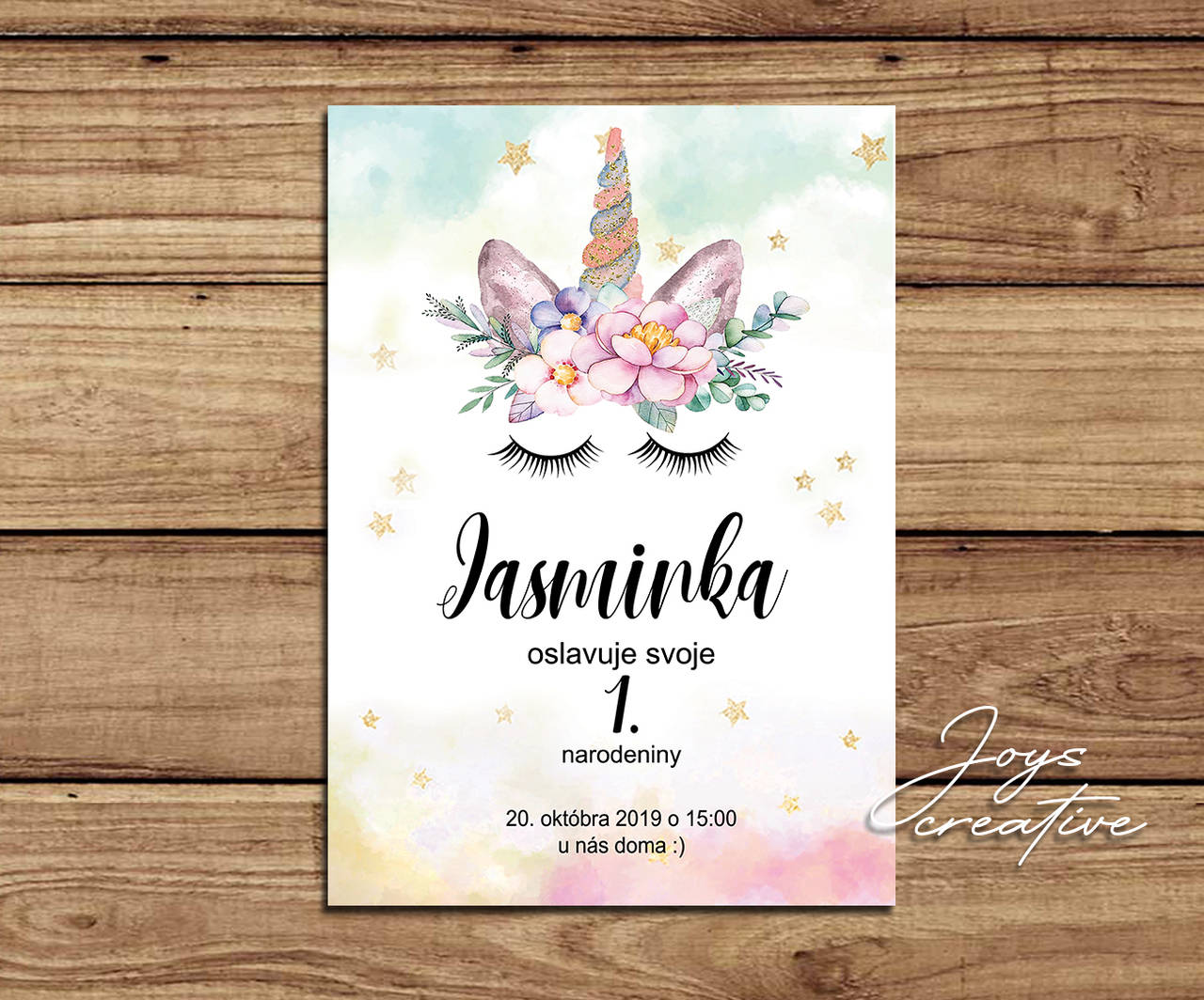 Pozvánka na narodeniny s jednorožcom (jednorožec s kvetinami)