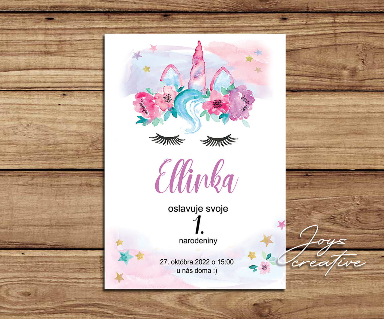 Pozvánka na narodeniny s jednorožcom (jednorožec s modrými vlasmi)