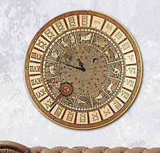 Dekorácie - Drevené nástenné hodiny – Horoskop (48cm priemer - Hnedá) - 16300370_