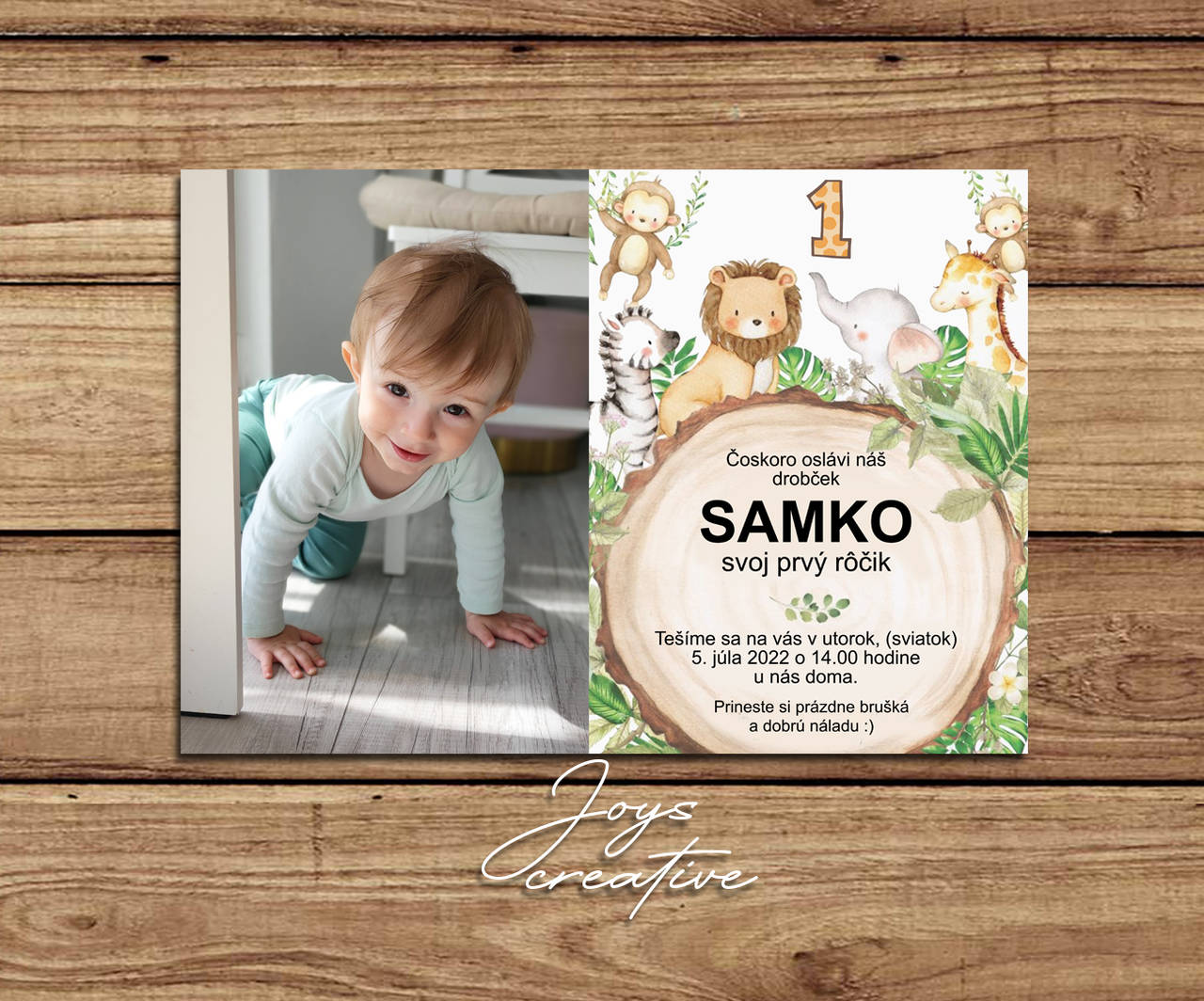 Pozvánka na narodeniny s fotkou a zvieratkami z džungle