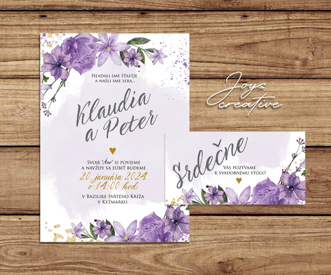 Svadobné oznámenie s fialovými kvetmi