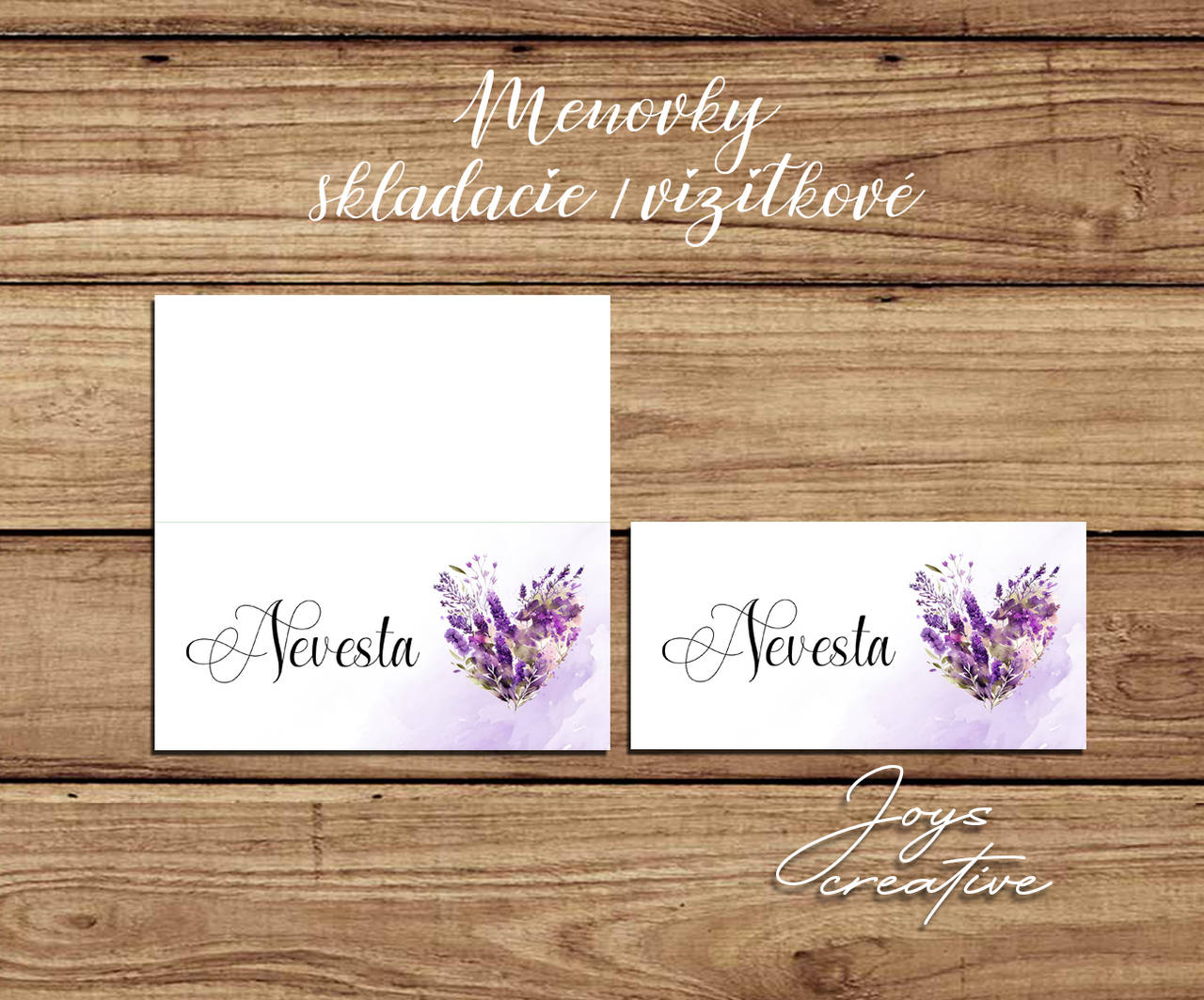 Skladacie / vizitkové menovky s fialovými kvetmi v tvare srdca s levanduľou