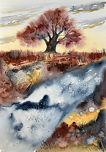 Obrazy - Originál akvarel Ráno na konci zimy - 16310957_