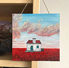 Obrazy - Vidiecka farma krajina, vidiecky dom, v červených farbách | Originálna maľba akrylom 20x20 cm | Malá nástenná dekorácia - 16311492_