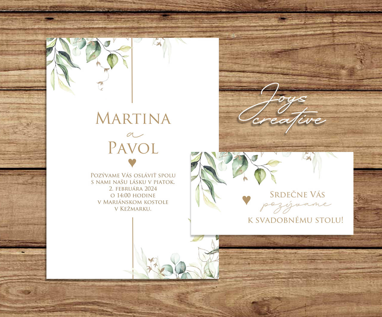 Svadobné oznámenie v štýle "Greenery", s listami a stredovou líniou
