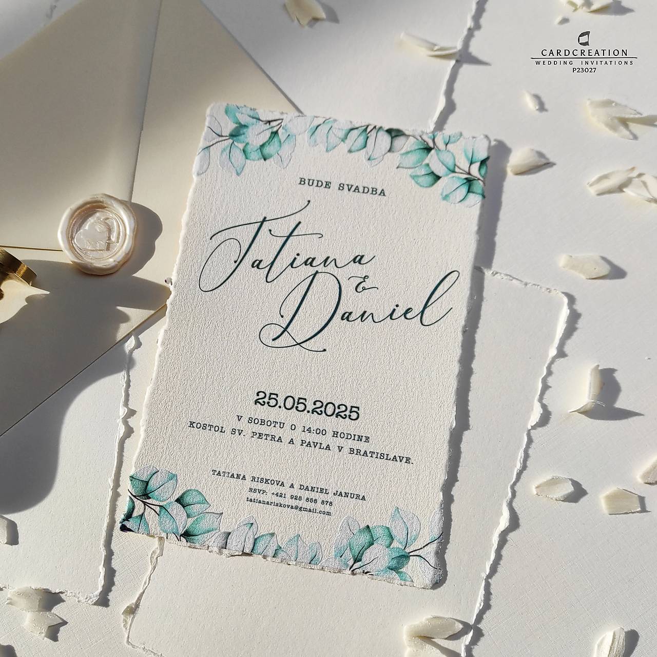 originálne svadobné oznámenie P23027, ručne trhané