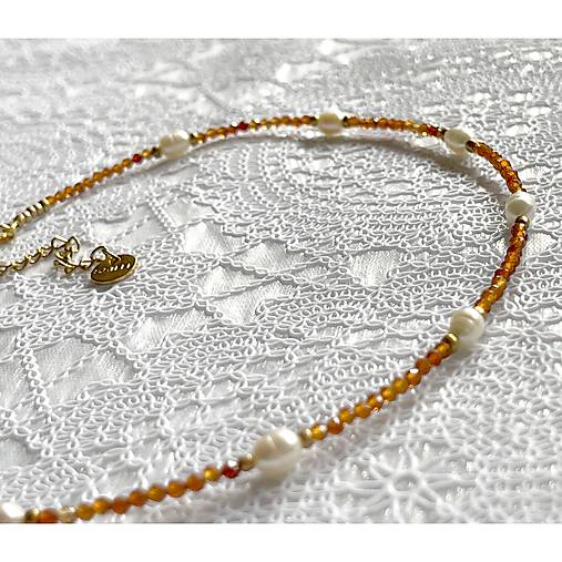 Luxury Garnet Hessonite and Pearls Necklace Stainless Steel / Náhrdelník Granát, perly E008