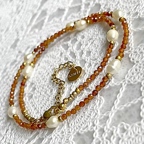 Luxury Garnet Hessonite and Pearls Necklace Stainless Steel / Náhrdelník Granát, perly E008