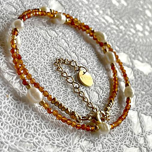 Luxury Garnet Hessonite and Pearls Set Stainless Steel / Set náhrdelníka a náramku granát, perly  E008