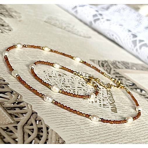 Luxury Garnet Hessonite and Pearls Set Stainless Steel / Set náhrdelníka a náramku granát, perly  E008