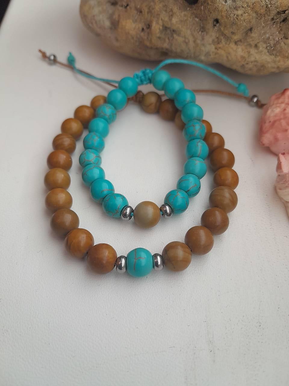 Partnerské náramky z minerálov Jin - jang (Jaspis drevitý + tyrkenit, č. 3854)