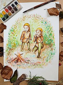 Obrazy - Lesní škriatkovia Bibko a Bobko pri ohni - 16332516_