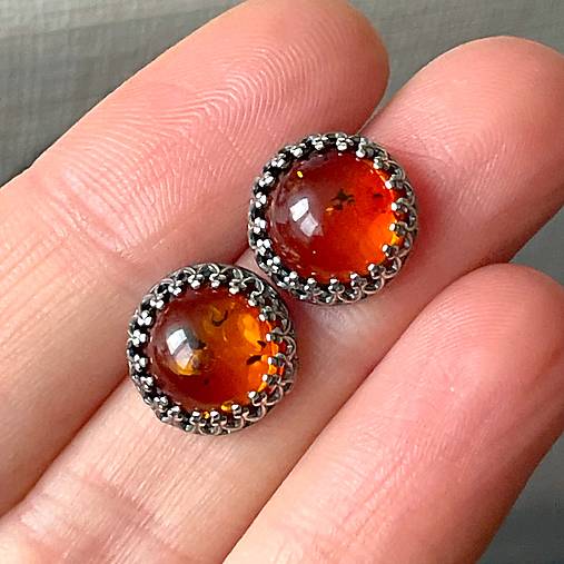 Amber Ag925 Stud Filigree Earrings / Strieborné filigránové náušnice s prírodným jantárom A0028