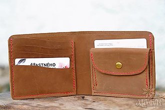 Pánske tašky - Kožená peňaženka VI. hnedá (šitá červenou nitkou) - 16335748_