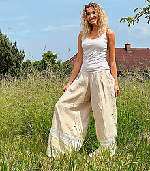 Nohavice - Kalhotová sukně lněná s krajkou dlouhá - 16339331_